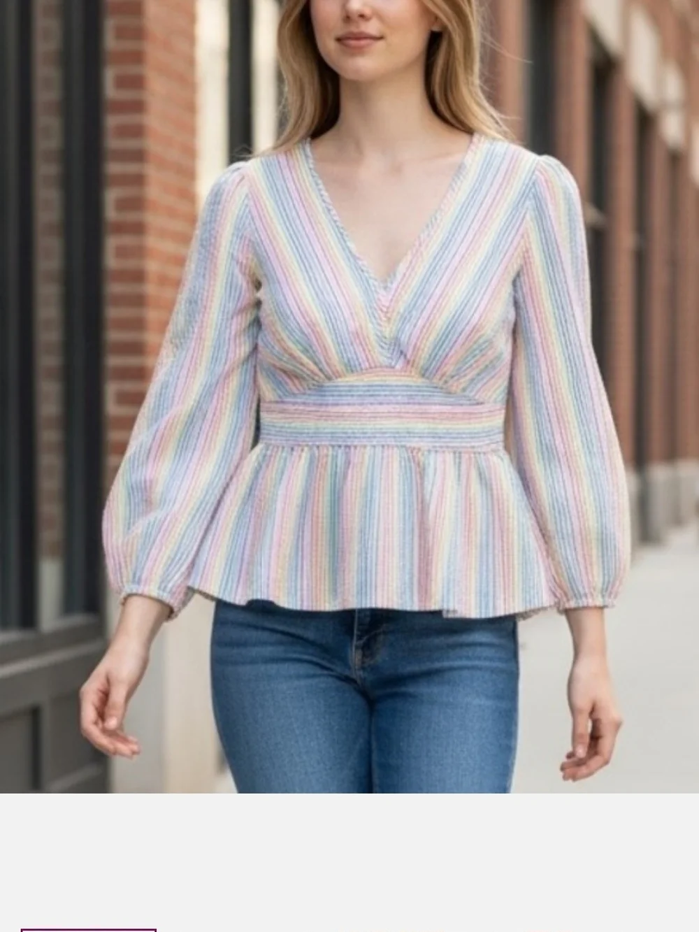 J. Crew V-neck peplum top in rainbow seersucker, size 12